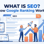 Modern digital illustration showing people analyzing Google search results, growth bar charts, a rocket launch, and key SEO factors like Keywords, Content, and Links.