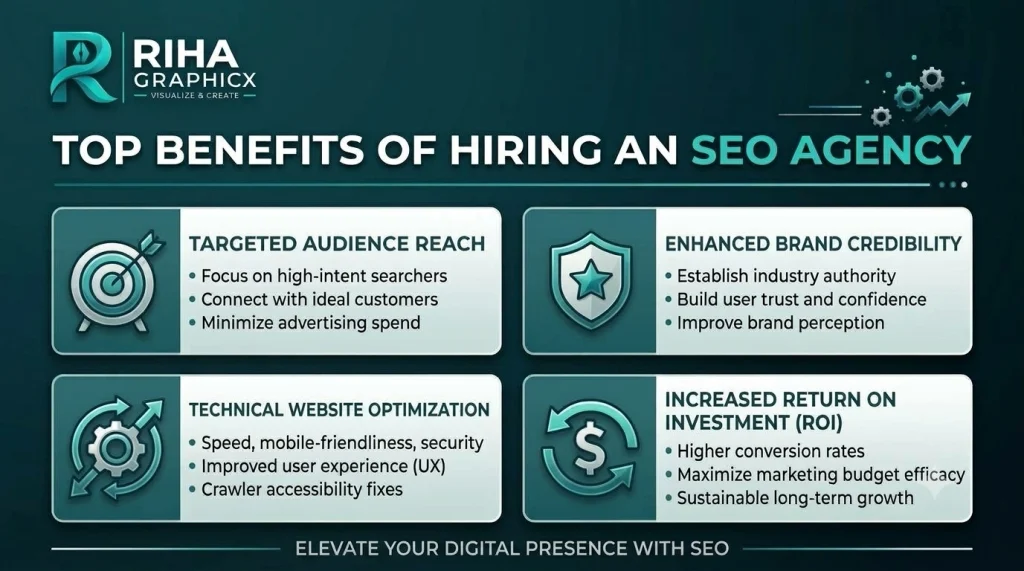Infographic displaying the top benefits of hiring an SEO agency for business growth.