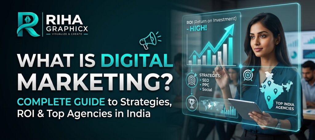 Digital marketing guide thumbnail featuring a professional woman interacting with a futuristic glowing analytics HUD displaying ROI growth charts, marketing strategies, and a map of India, with the Riha Graphicx logo at the top left.