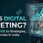 Digital marketing guide thumbnail featuring a professional woman interacting with a futuristic glowing analytics HUD displaying ROI growth charts, marketing strategies, and a map of India, with the Riha Graphicx logo at the top left.