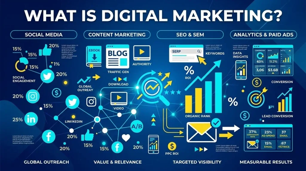 Digital marketing infographic breaking down core components. 