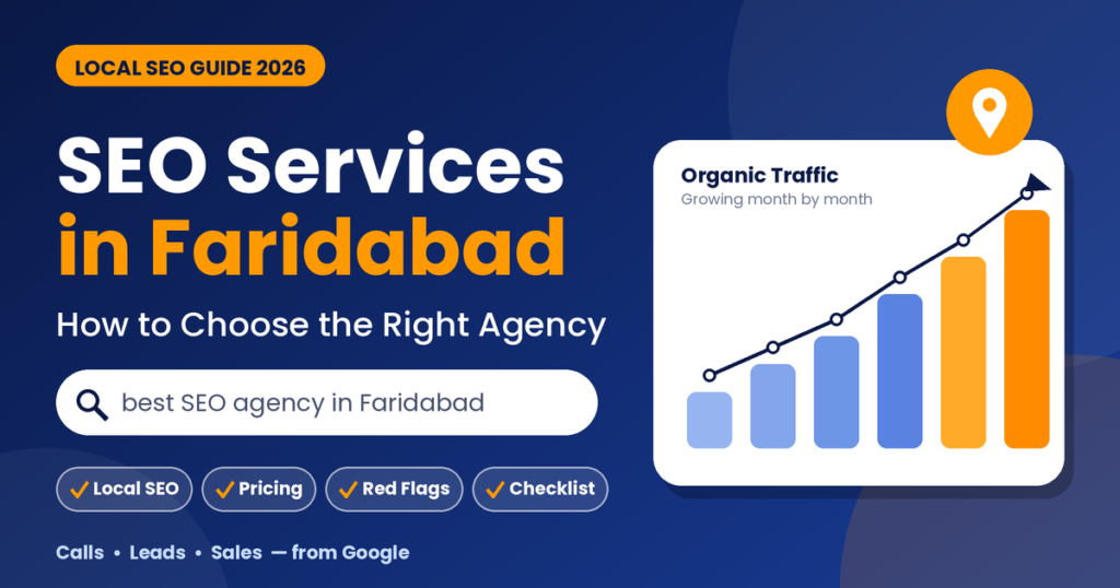 SEO services in Faridabad: guide to choosing the right SEO agency, with search bar and rising traffic chart