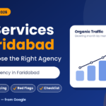 SEO services in Faridabad: guide to choosing the right SEO agency, with search bar and rising traffic chart